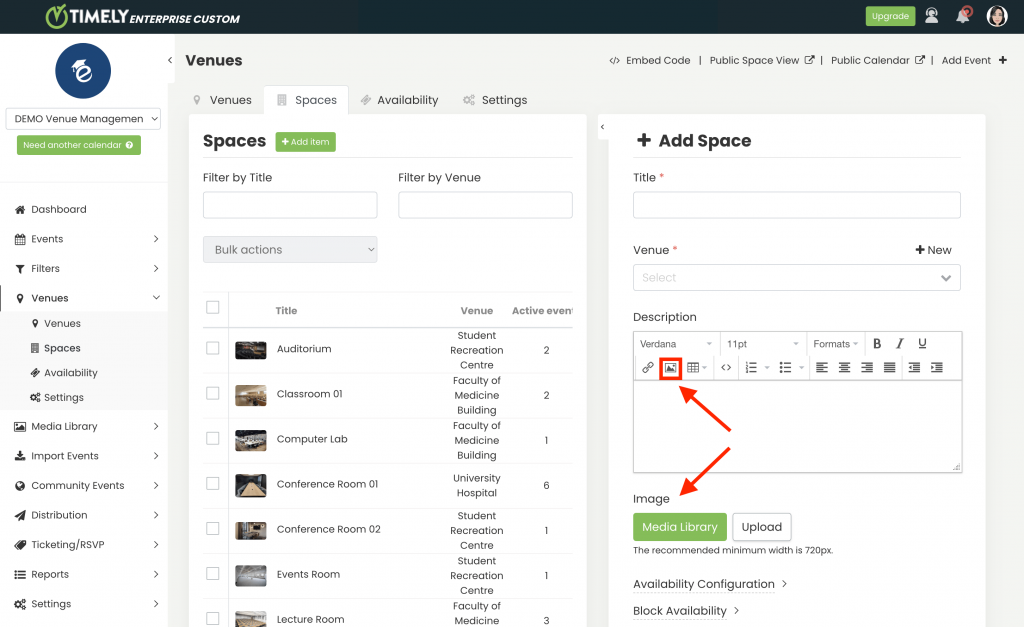 print screen of Timely venue management platform highlighting where to add images to spaces