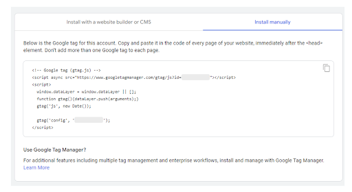 print screen of Google Analytics install manually instructions