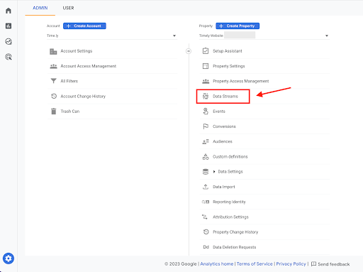 print screen of Google Analytics property column and data stream item