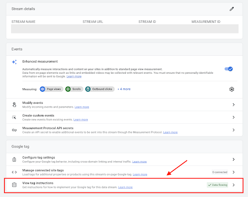 print screen of Google Analytics view tag instructions command