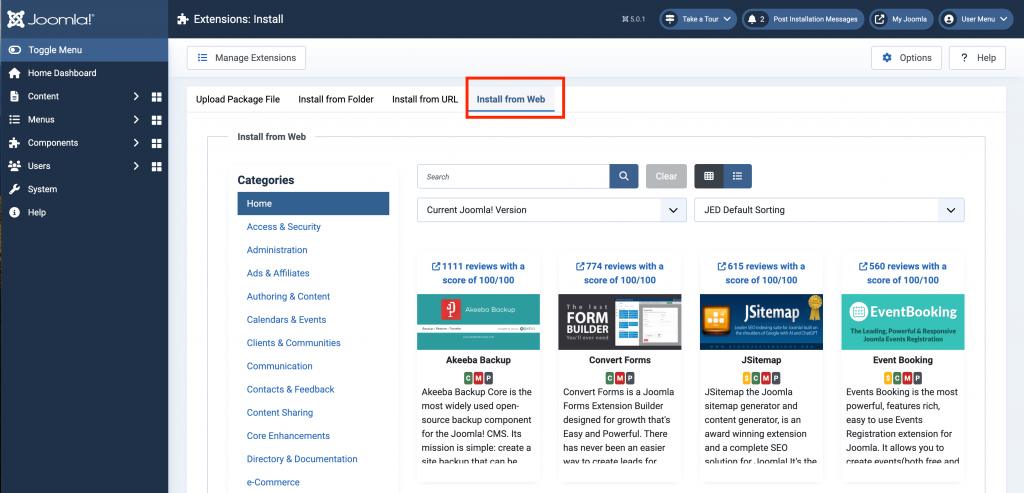 print screen of Joomla CMS editor extensions marketplace