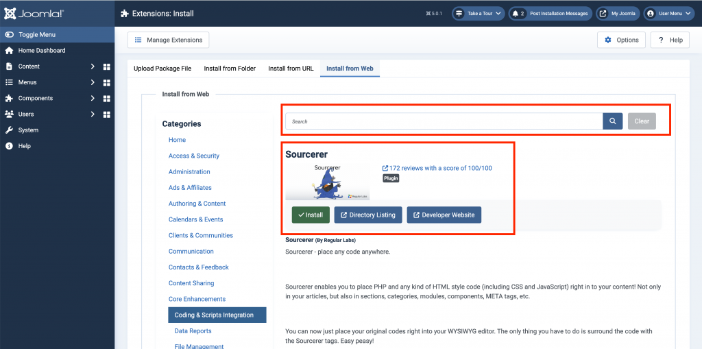 print screen of Joomla CMS editor highlighting the Sourcerer extension for HTML placement.