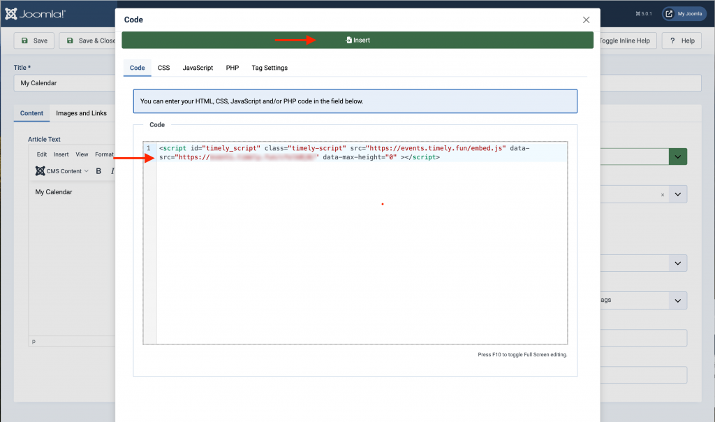 print screen of Joomla CMS editor showing how to install Timely calendar embed code