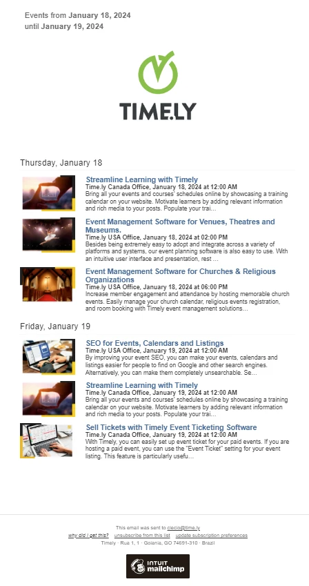 MailChimp から送信された自動イベント ニュースレターの印刷画面