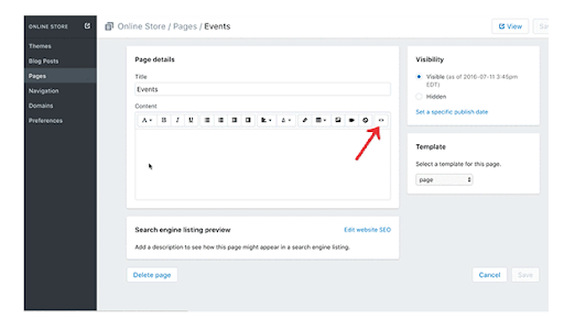 print screen of shopify website cms editor highlighting the show html button