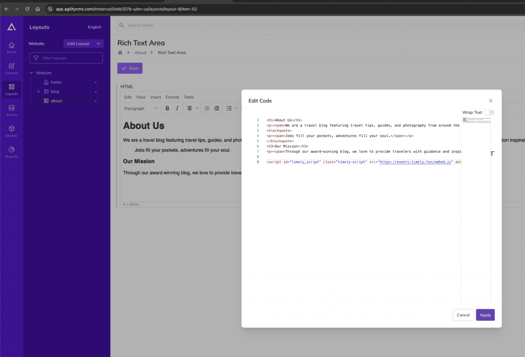 Agility dashboard view with embed code edit code screen.