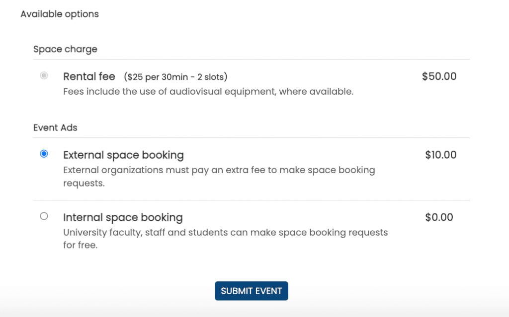 Timely venue management software space pricing options for paid space reservations example.