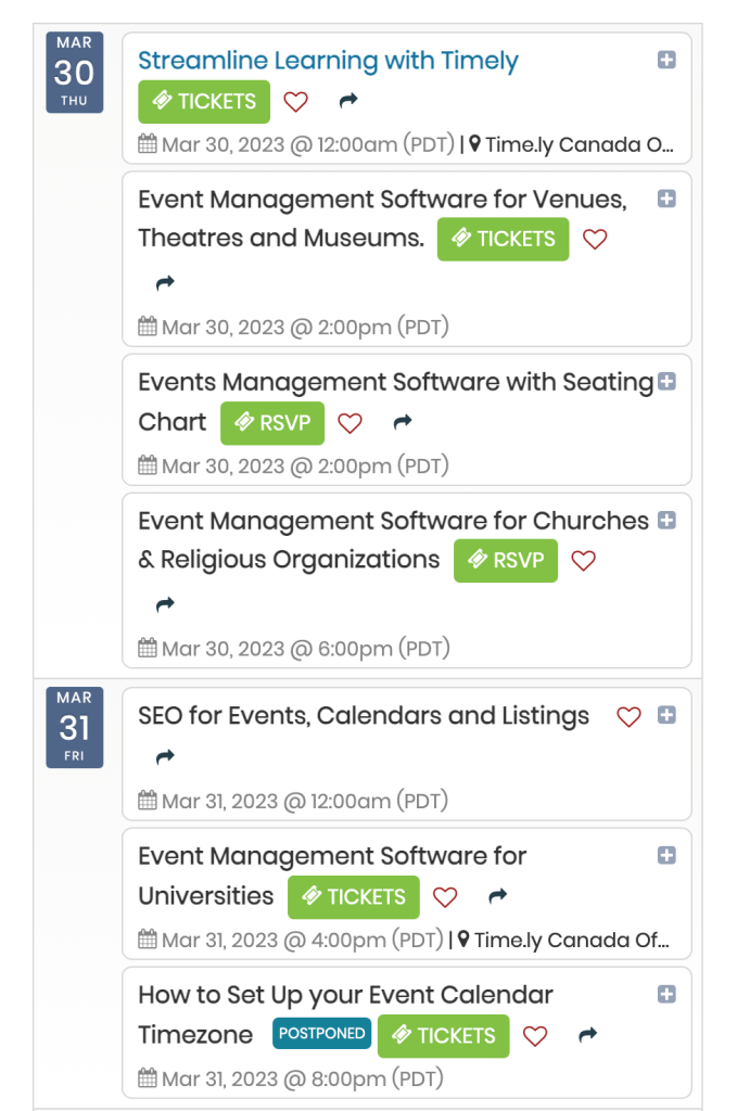Timely イベント管理ソフトウェア アジェンダ カレンダー ウィジェット ビュー。