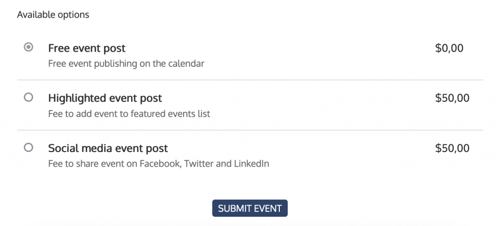 print screen of event ads options on the public interface of the event submission form