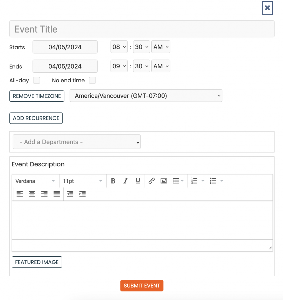 print screen of Timely standard event submission form
