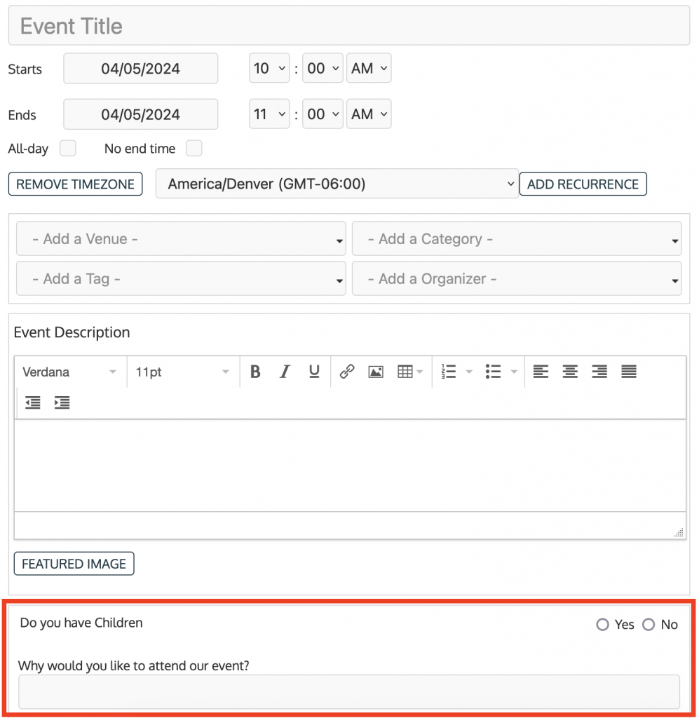 print screen of Timely event submission form with custom fields