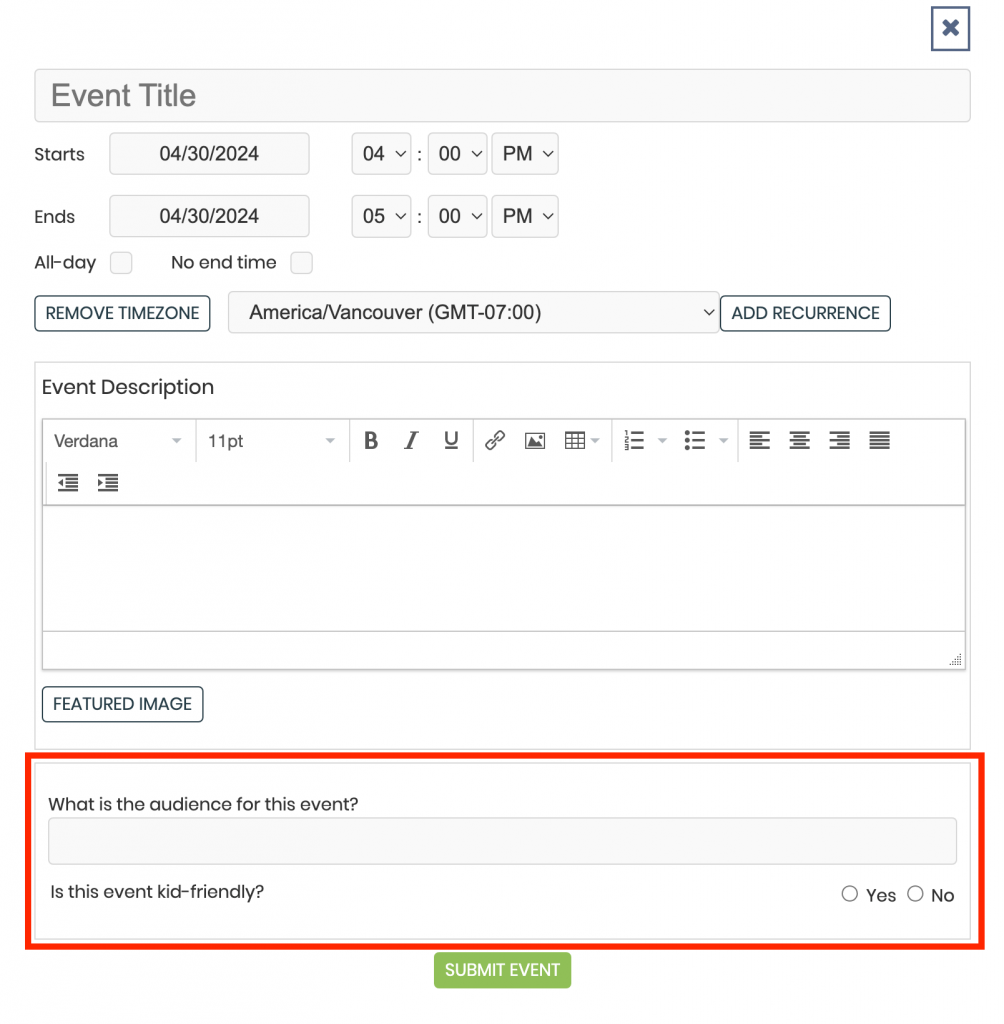 print screen of Timely event submission form with custom fields