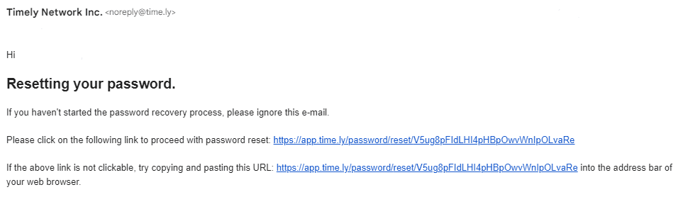Timely パスワードをリセットするためのメール。