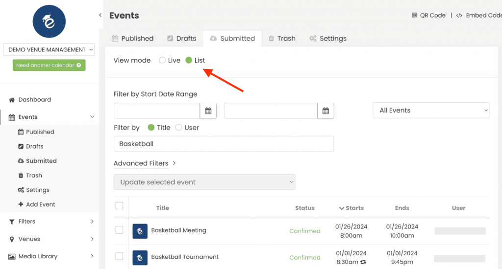 Events area on the dashboard list view before you Accept Reject or Edit Space booking requests.