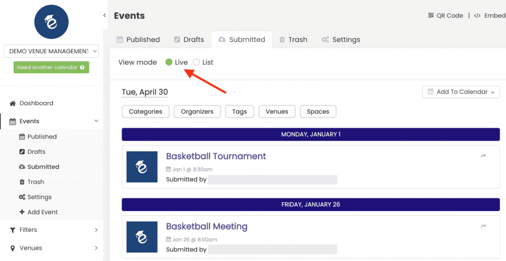 Events area on the dashboard live view before you Accept Reject or Edit Space booking requests.