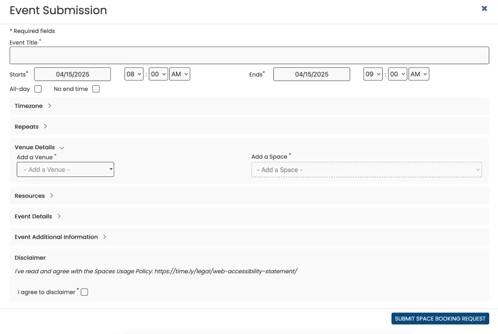 Space booking form with the standard fields.