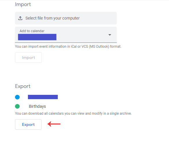 Google calendar import file area