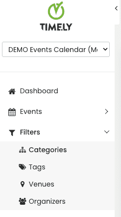 Timely event management software dashboard menu