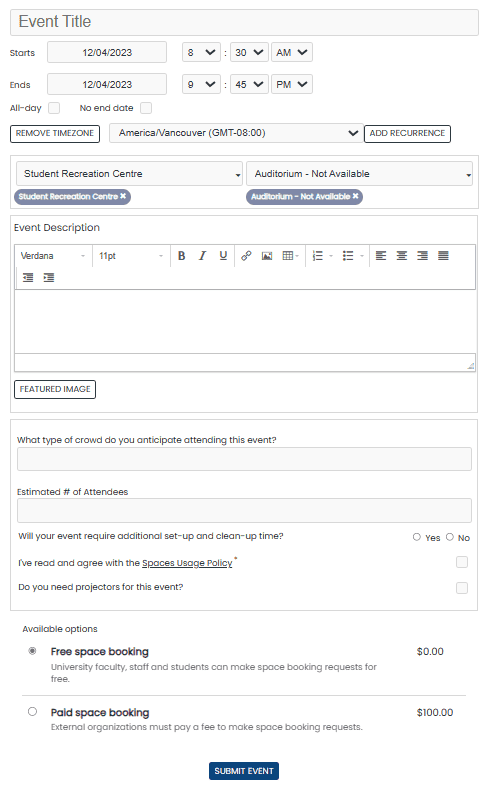 the form to Receive Space Booking Requests.