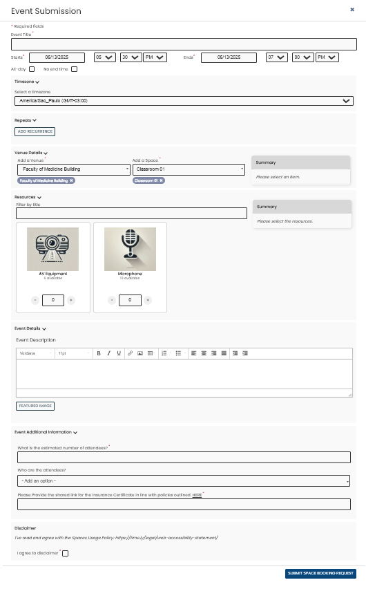Captura de pantalla del formulario de solicitud de reserva de espacio y recursos