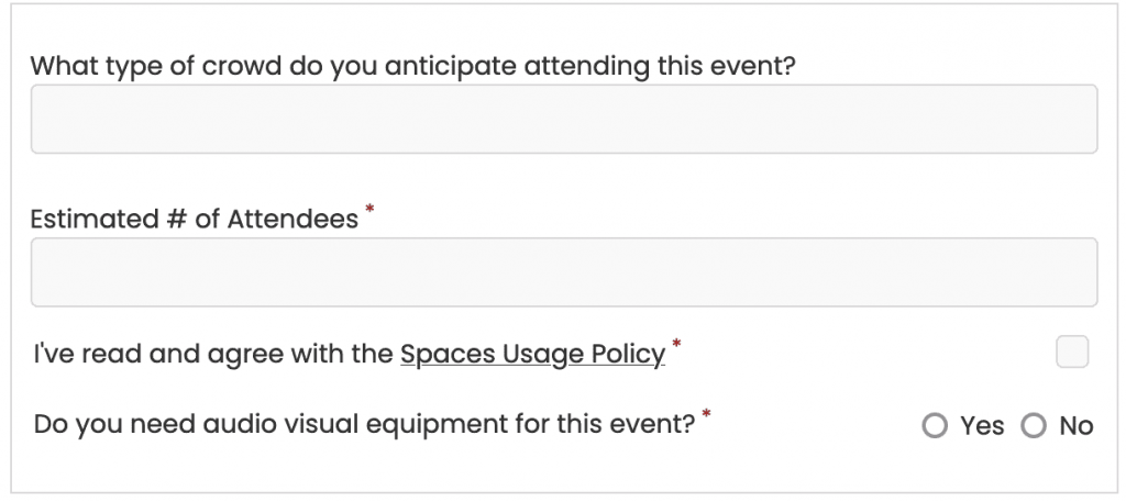 space bookings form custom fields.