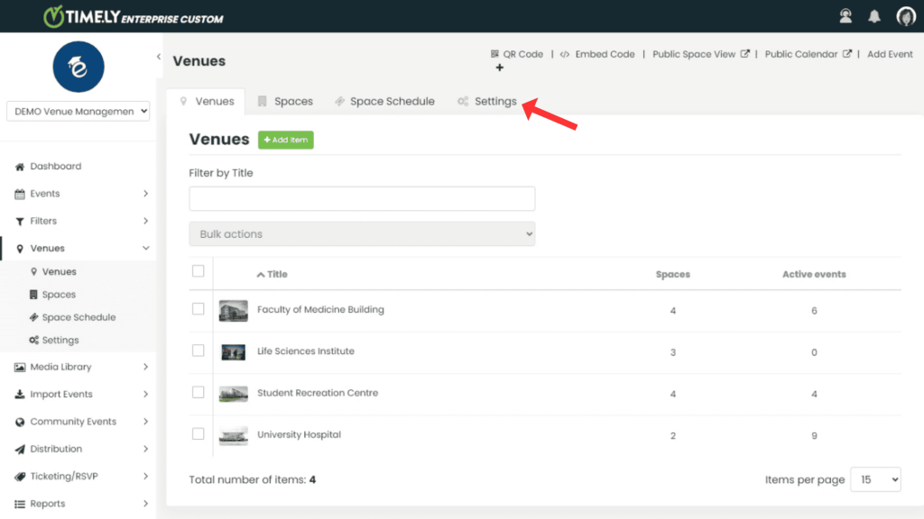 Timely Venue Management dashboard venue settings options to display working hours for the space schedule.