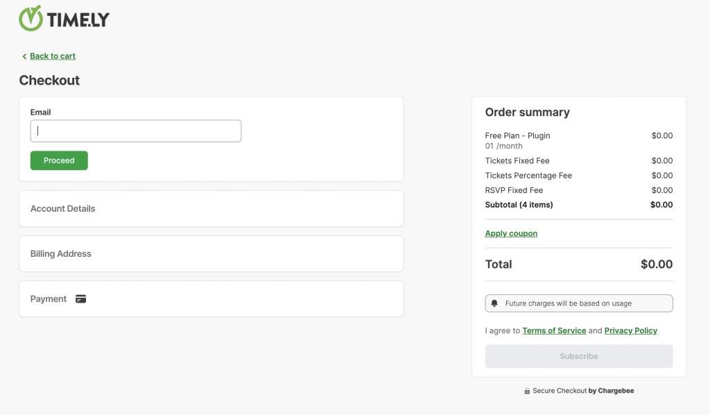 print screen of billing and credit card info for Timely All in One Events Calendar checkout 