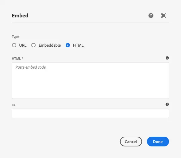 print screen of AEM website dashboard highlighting where to install Timely calendar embed code