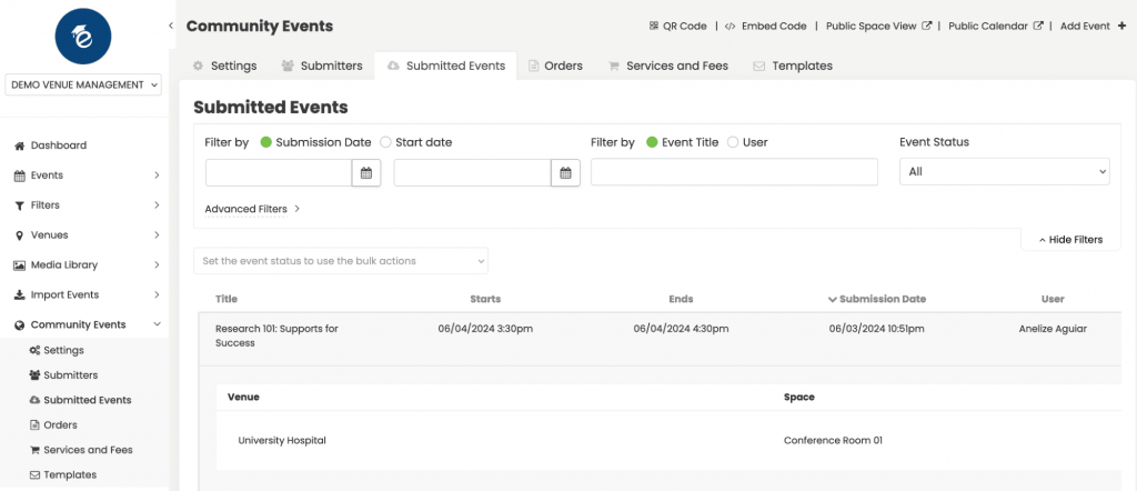 Timely Venue management software dashboard overview of submitted events.