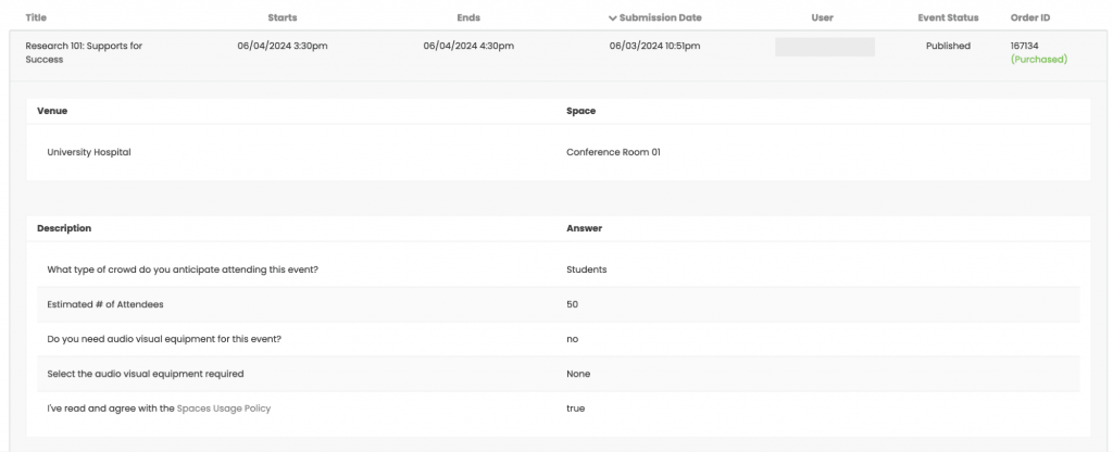 Timely venue management software dashboard event submissions full description view.