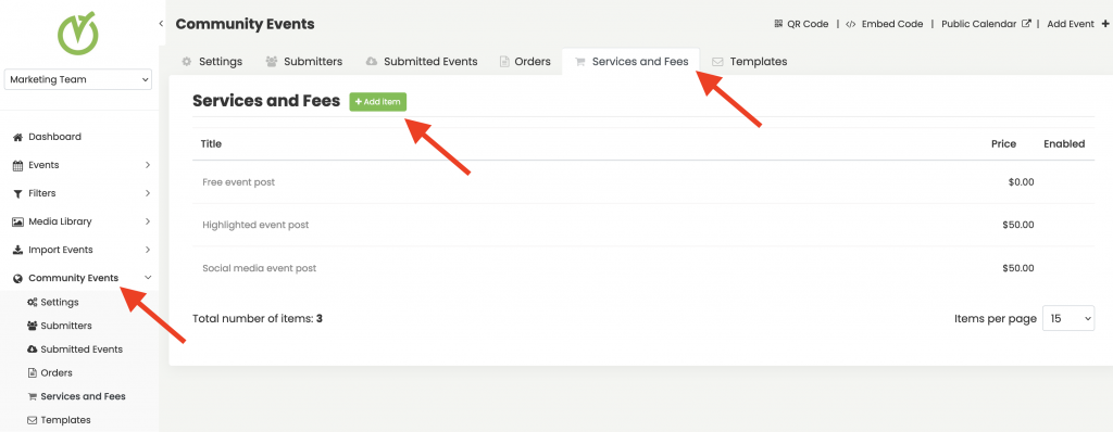 screen shot of Timely event management system backend highlighting the Services and Fees feature