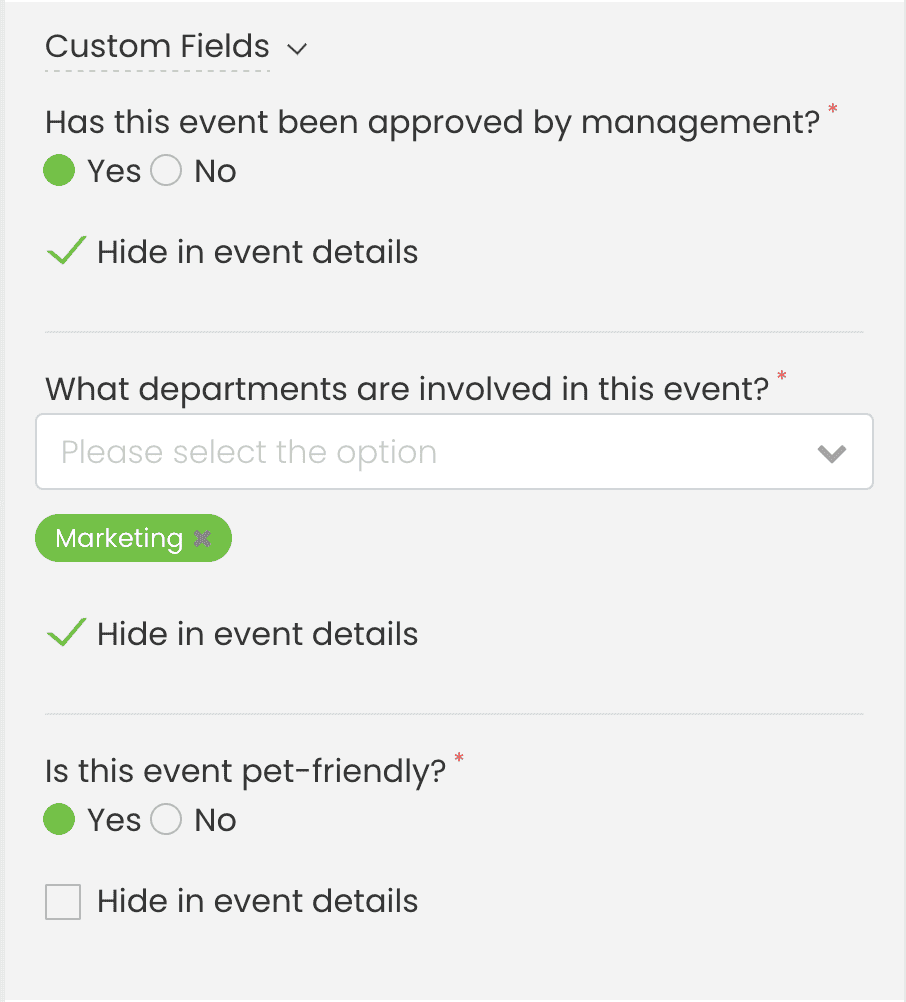 Example of responses to internal custom event questions.