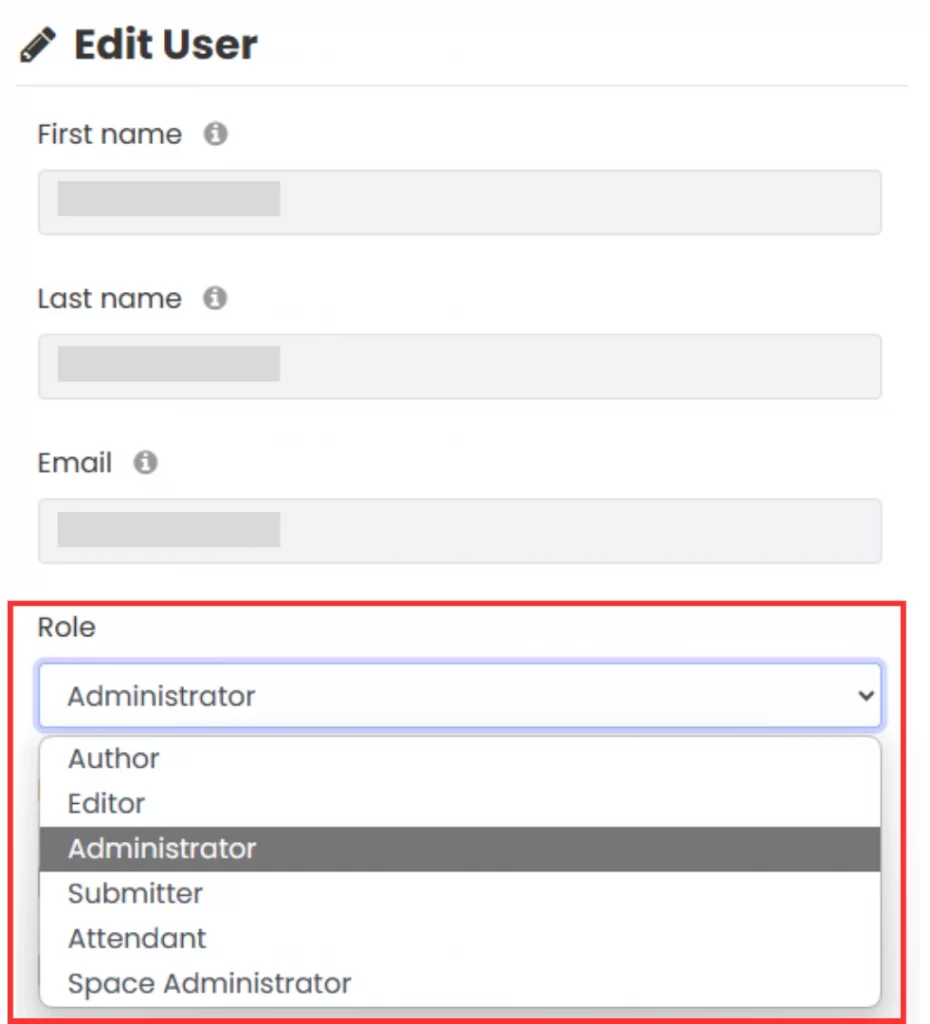 Drop down list displaying different user roles.