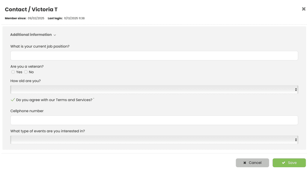 Dashboard contact card overview of the additional information section.
