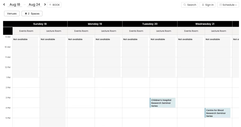 timely Venue Weekly Schedule view for spaces.