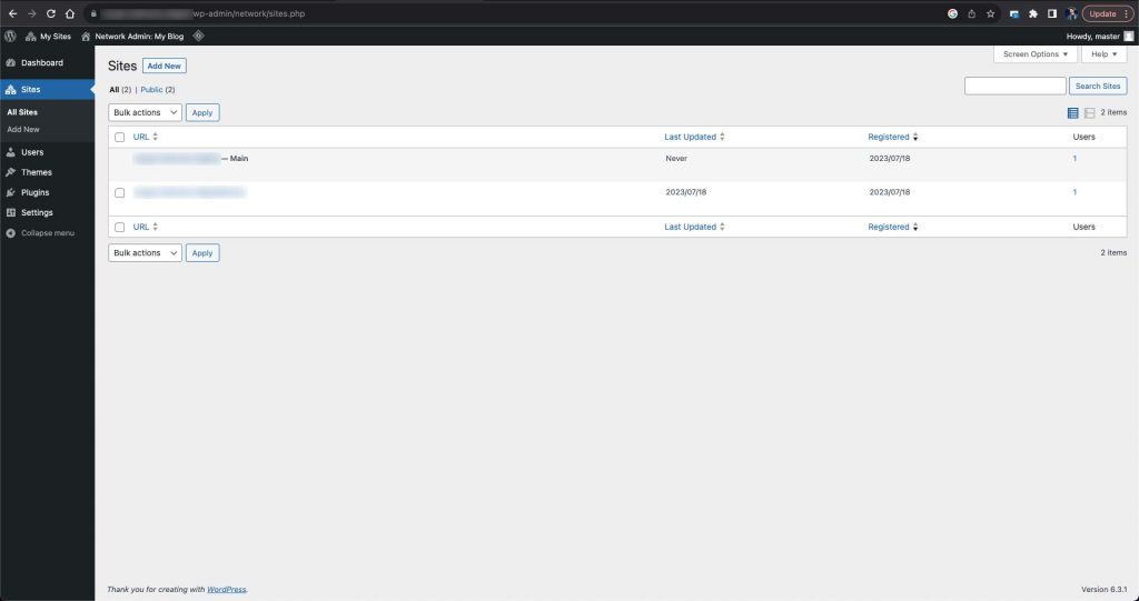 WordPress dashboard showing the sites' area.