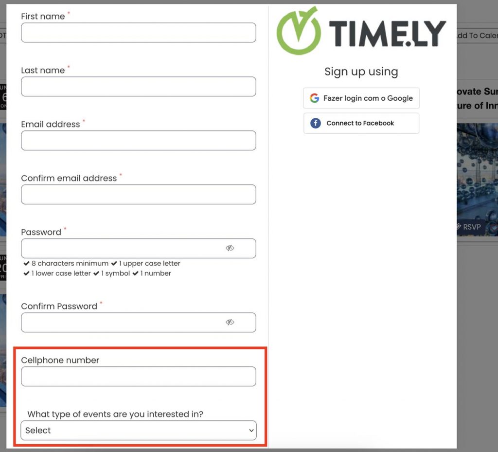 Timely’s custom fields displayed on the sign-up form.