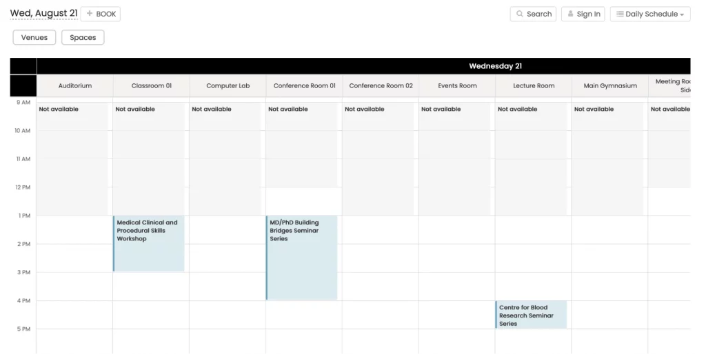 timely Venue Daily Schedule view for spaces.