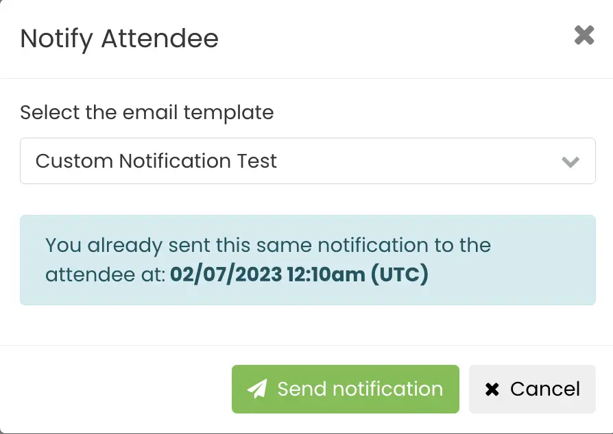 popup window displaying the date and time the last custom message was sent to a submitter. 