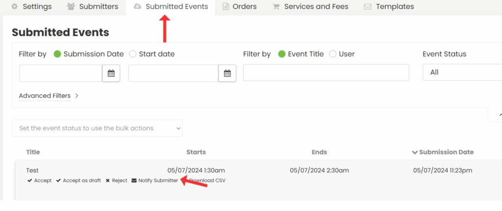 The option to notify a submitter within submitted events.