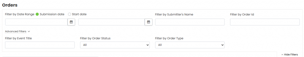 The filter options for Orders.