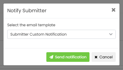 The pop up box with custom emails that can be manually sent to event submitters.