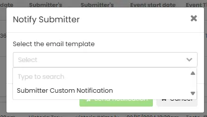 Pop-up screen with custom email template options to notify submitters.