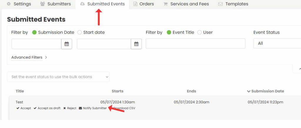 Timely dashoard community events menu, on the submitted events tab, displaying the option to send custom emails to event submitters.
