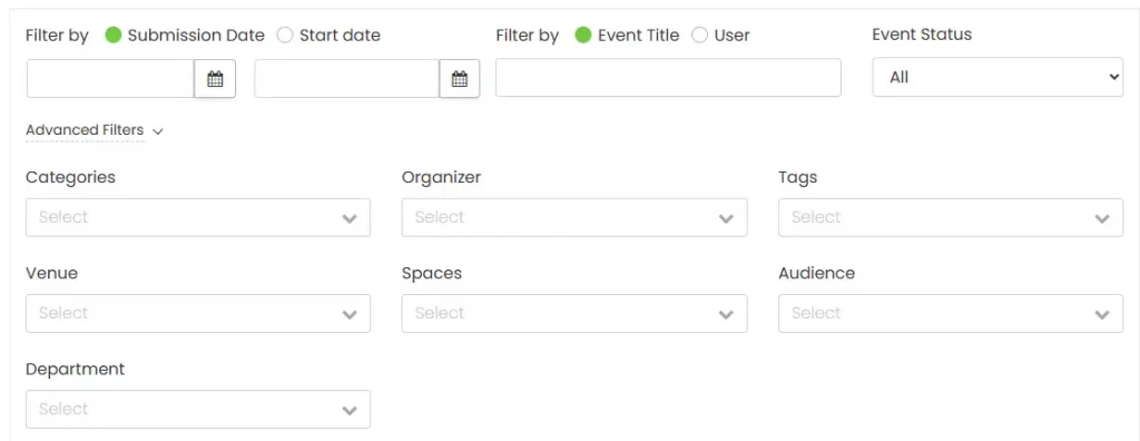 All filter options to find submitted events or orders.