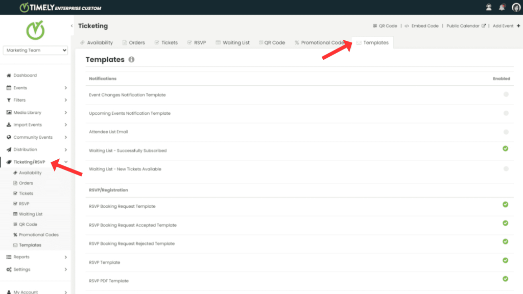 Timely dashboard view of Ticketing and RSVP email templates.