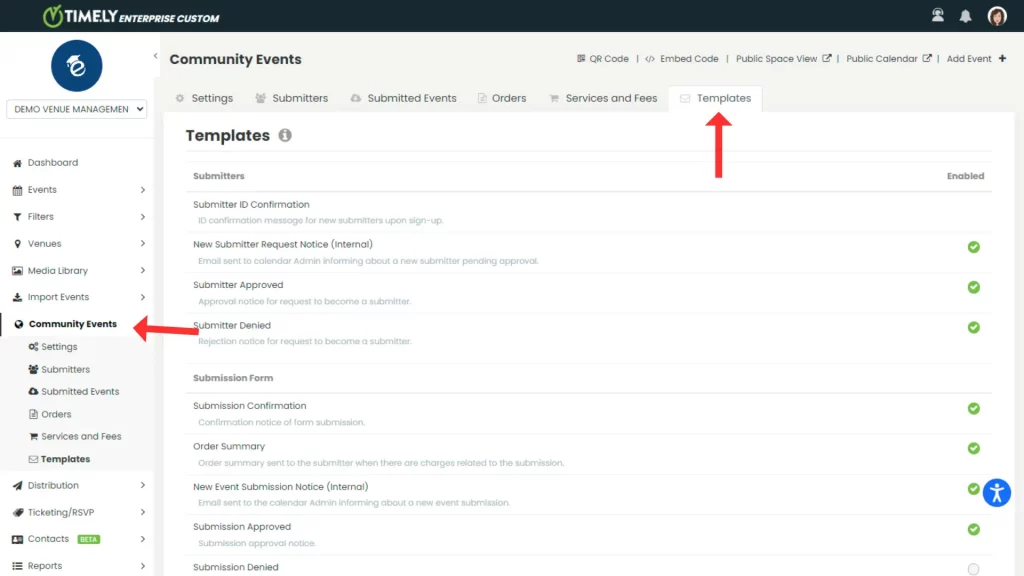 Overview of timely Venue Management dashboard Community Events area with the options to enable or disable venue booking templates.