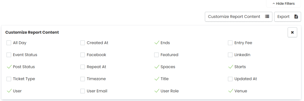 Report customization panel.