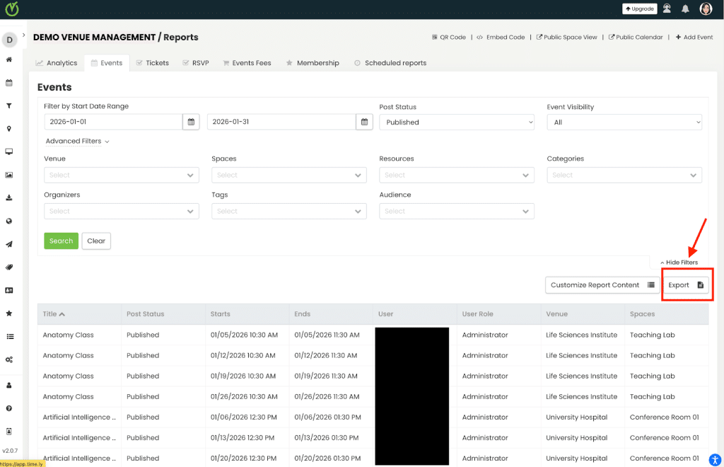 Export button next to the Customize Report Content button