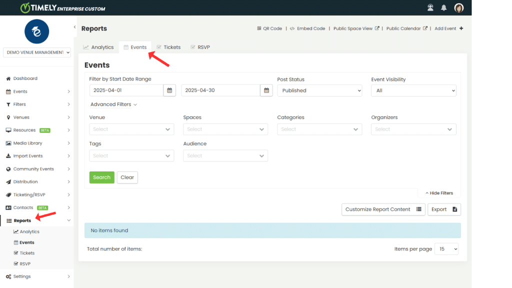 Timely VMS-Berichte für den Bereich „Räume“ im Dashboard.